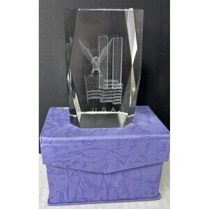 Eagle & Flag Twin Towers 9/11 Memorial 3D Laser Etched Crystal Paperweight w/BOX